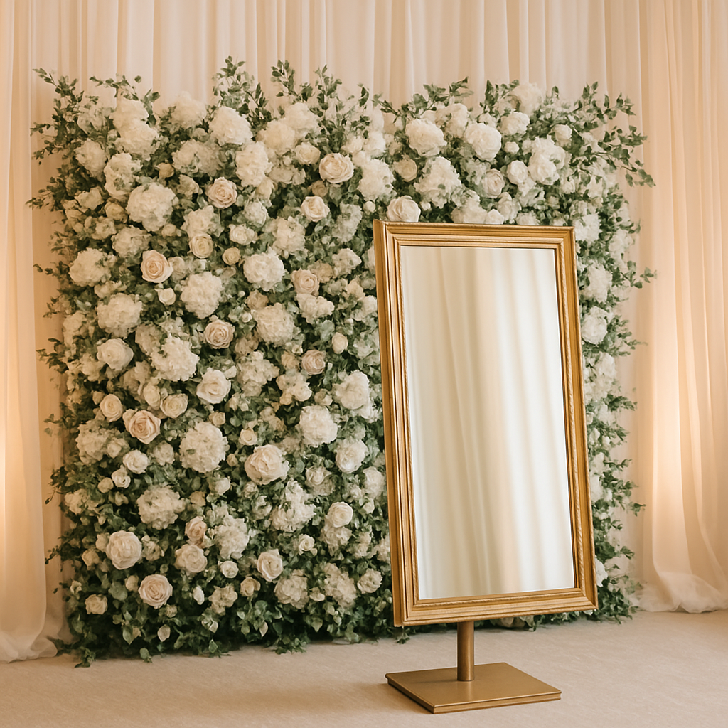 Floral backdrop wall beside a luxury gold-framed mirror photo booth