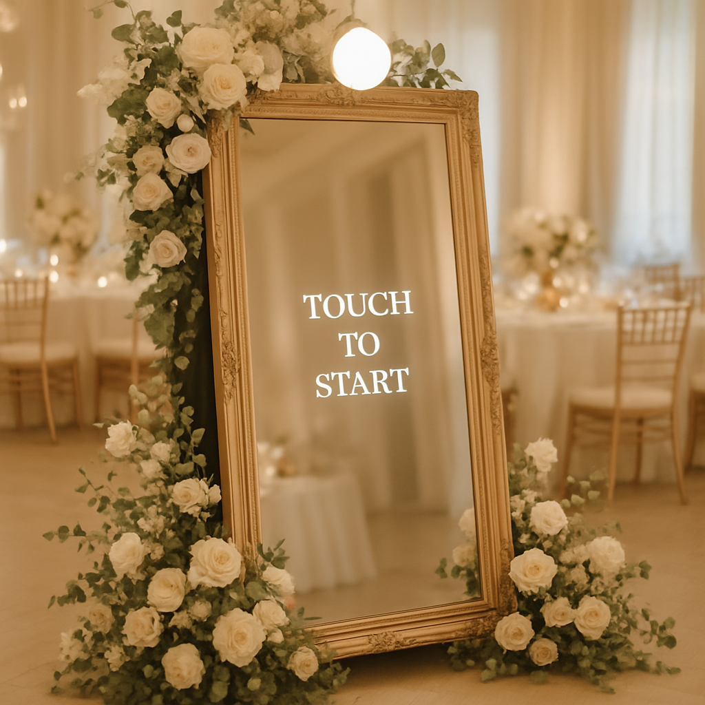 Luxury gold-framed mirror photo booth surrounded by white roses at an elegant wedding reception
